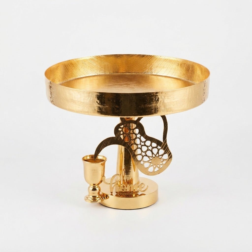 Metal Footed Candy Tray With Arabic Dallah & Oud Design – 20×25 cm - Gold / Silver - Al Kabayel Discount CentreMetal Footed Candy Tray With Arabic Dallah & Oud Design – 20×25 cm - Gold / SilverServing TraysAKDCAl Kabayel Discount Centre