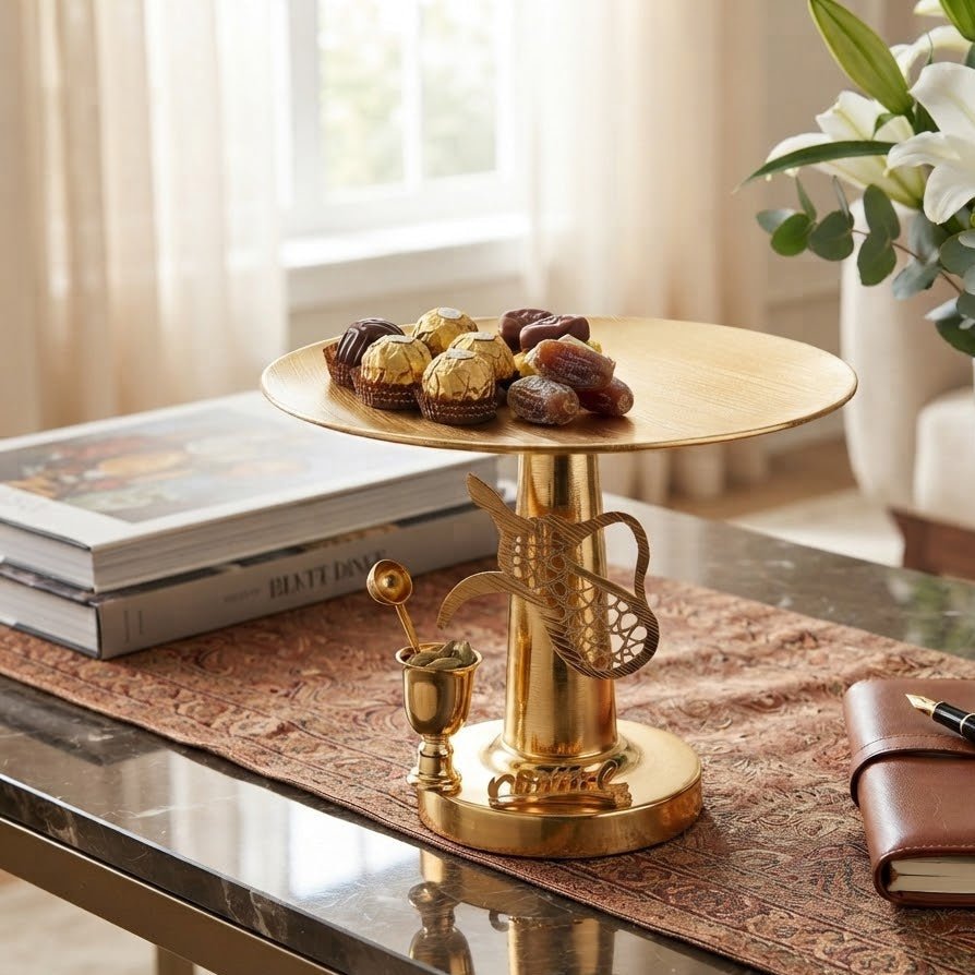 Metal Footed Candy Tray With Arabic Dallah & Oud Design – 25×30 cm - Gold / Silver - Al Kabayel Discount CentreMetal Footed Candy Tray With Arabic Dallah & Oud Design – 25×30 cm - Gold / SilverServing TraysAKDCAl Kabayel Discount Centre