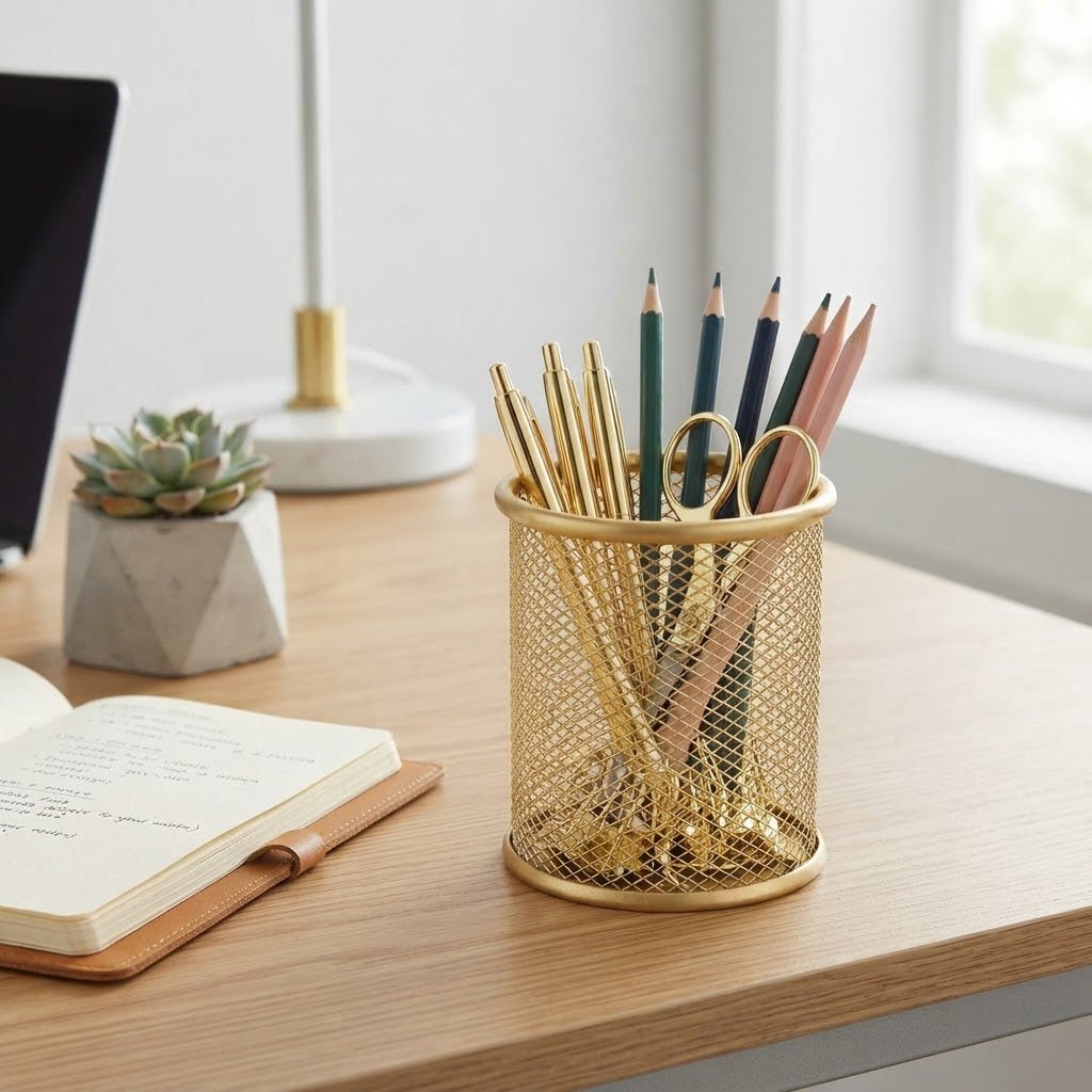 Metal Mesh Pen Holder - 10×8 cm - Gold / Rose Gold - Al Kabayel Discount CentreMetal Mesh Pen Holder - 10×8 cm - Gold / Rose GoldOrganizers & AccessoriesAKDCAl Kabayel Discount Centre