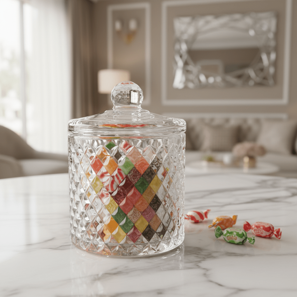 M.E.W Crystal Diamond Cut Glass Candy Pot with Lid 10.5 × 14.5 cm - Al Kabayel Discount CentreM.E.W Crystal Diamond Cut Glass Candy Pot with Lid 10.5 × 14.5 cmJars & Food SaversM.E.WAl Kabayel Discount Centre