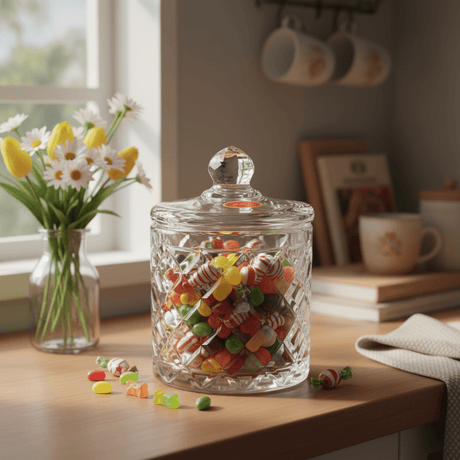 M.E.W Crystal Glass Candy Pot with Lid - 10.5×14.5 cm - Al Kabayel Discount CentreM.E.W Crystal Glass Candy Pot with Lid - 10.5×14.5 cmJars & Food SaversM.E.WAl Kabayel Discount Centre