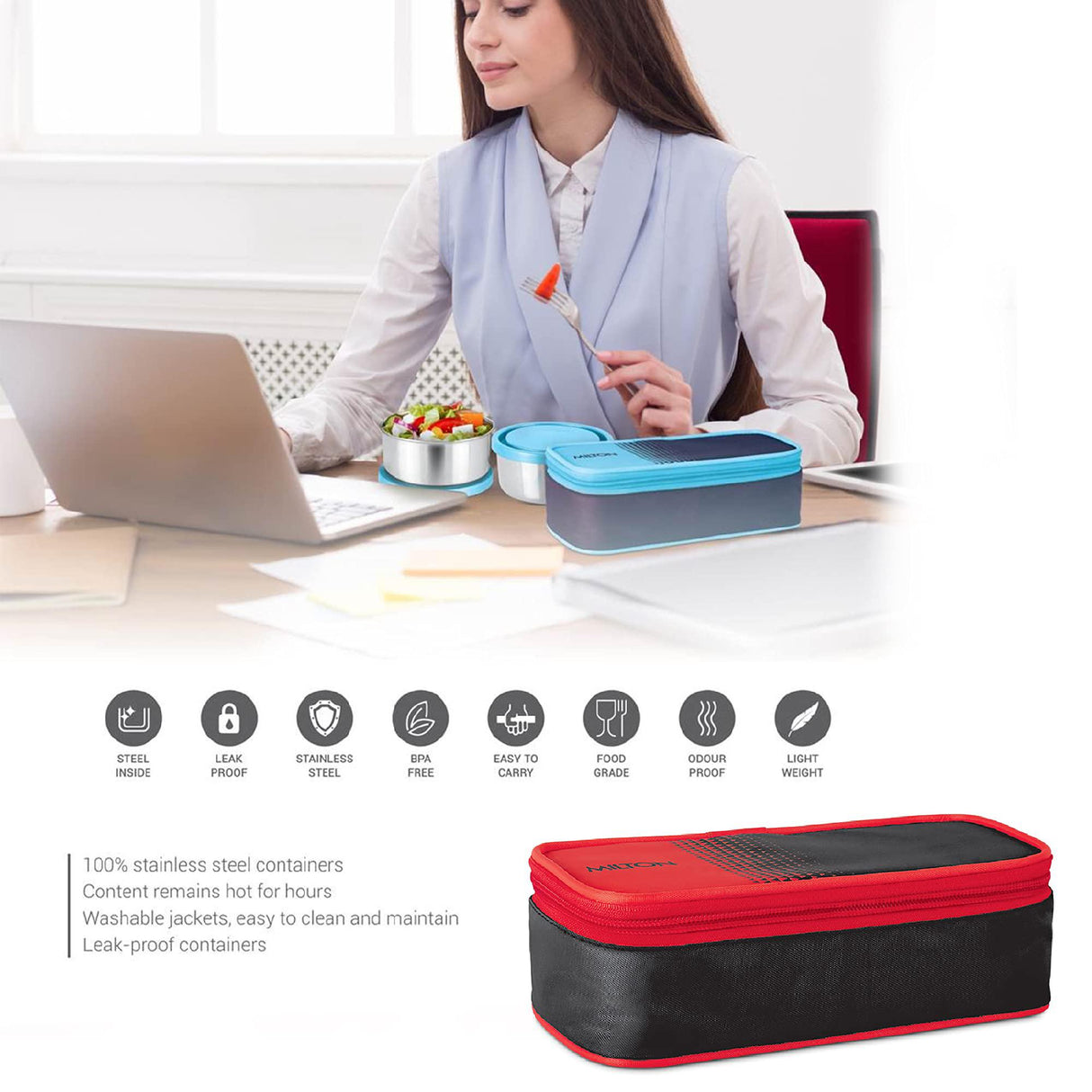 Milton Nourish 2pc Round Lunch Box 300ml+300ml with Bag, Stainless Steel, Red - Al Kabayel Discount CentreMilton Nourish 2pc Round Lunch Box 300ml+300ml with Bag, Stainless Steel, RedFood ContainersMILTONAl Kabayel Discount Centre