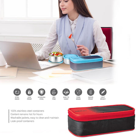 Milton Nourish 2pc Round Lunch Box 300ml+300ml with Bag, Stainless Steel, Red - Al Kabayel Discount CentreMilton Nourish 2pc Round Lunch Box 300ml+300ml with Bag, Stainless Steel, RedFood ContainersMILTONAl Kabayel Discount Centre