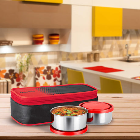Milton Nourish 2pc Round Lunch Box 300ml+300ml with Bag, Stainless Steel, Red - Al Kabayel Discount CentreMilton Nourish 2pc Round Lunch Box 300ml+300ml with Bag, Stainless Steel, RedFood ContainersMILTONAl Kabayel Discount Centre