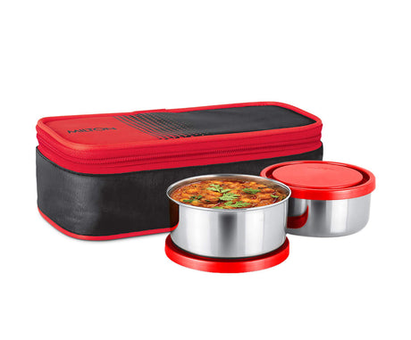 Milton Nourish 2pc Round Lunch Box 300ml+300ml with Bag, Stainless Steel, Red - Al Kabayel Discount CentreMilton Nourish 2pc Round Lunch Box 300ml+300ml with Bag, Stainless Steel, RedFood ContainersMILTONAl Kabayel Discount Centre