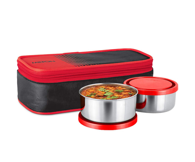 Milton Nourish 2pc Round Lunch Box 300ml+300ml with Bag, Stainless Steel, Red - Al Kabayel Discount CentreMilton Nourish 2pc Round Lunch Box 300ml+300ml with Bag, Stainless Steel, RedFood ContainersMILTONAl Kabayel Discount Centre
