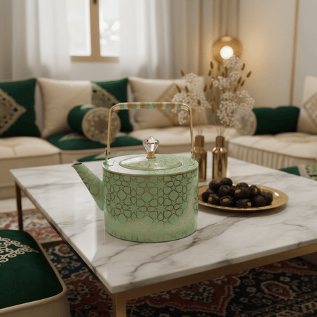 Mint Green & Gold Islamic Geometric Metal Tea Kettle with Crystal Lid Knob | Elegant Arabic Tea Serving Kettle | 2 Litre - Al Kabayel Discount CentreMint Green & Gold Islamic Geometric Metal Tea Kettle with Crystal Lid Knob | Elegant Arabic Tea Serving Kettle | 2 LitreTea/Coffee PotsAKDCAl Kabayel Discount Centre