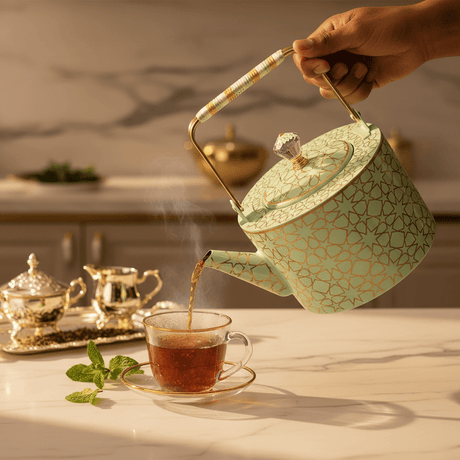 Mint Green & Gold Islamic Geometric Metal Tea Kettle with Crystal Lid Knob | Elegant Arabic Tea Serving Kettle | 2 Litre - Al Kabayel Discount CentreMint Green & Gold Islamic Geometric Metal Tea Kettle with Crystal Lid Knob | Elegant Arabic Tea Serving Kettle | 2 LitreTea/Coffee PotsAKDCAl Kabayel Discount Centre