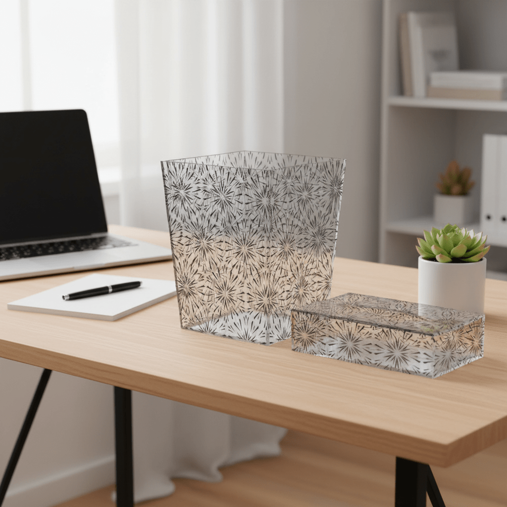 Modern Acrylic Dustbin with Black Design and Matching Tissue Box Set – Sleek Home Accessory – 24.5 × 20 cm & 22 × 12 cm - Al Kabayel Discount CentreModern Acrylic Dustbin with Black Design and Matching Tissue Box Set – Sleek Home Accessory – 24.5 × 20 cm & 22 × 12 cmOrganizers & AccessoriesAKDCAl Kabayel Discount Centre