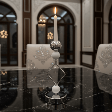 Modern Silver & White Metal Candle Holder for Elegant Home Styling – 21cm - Al Kabayel Discount CentreModern Silver & White Metal Candle Holder for Elegant Home Styling – 21cmHome Décor AccentsAKDCAl Kabayel Discount Centre