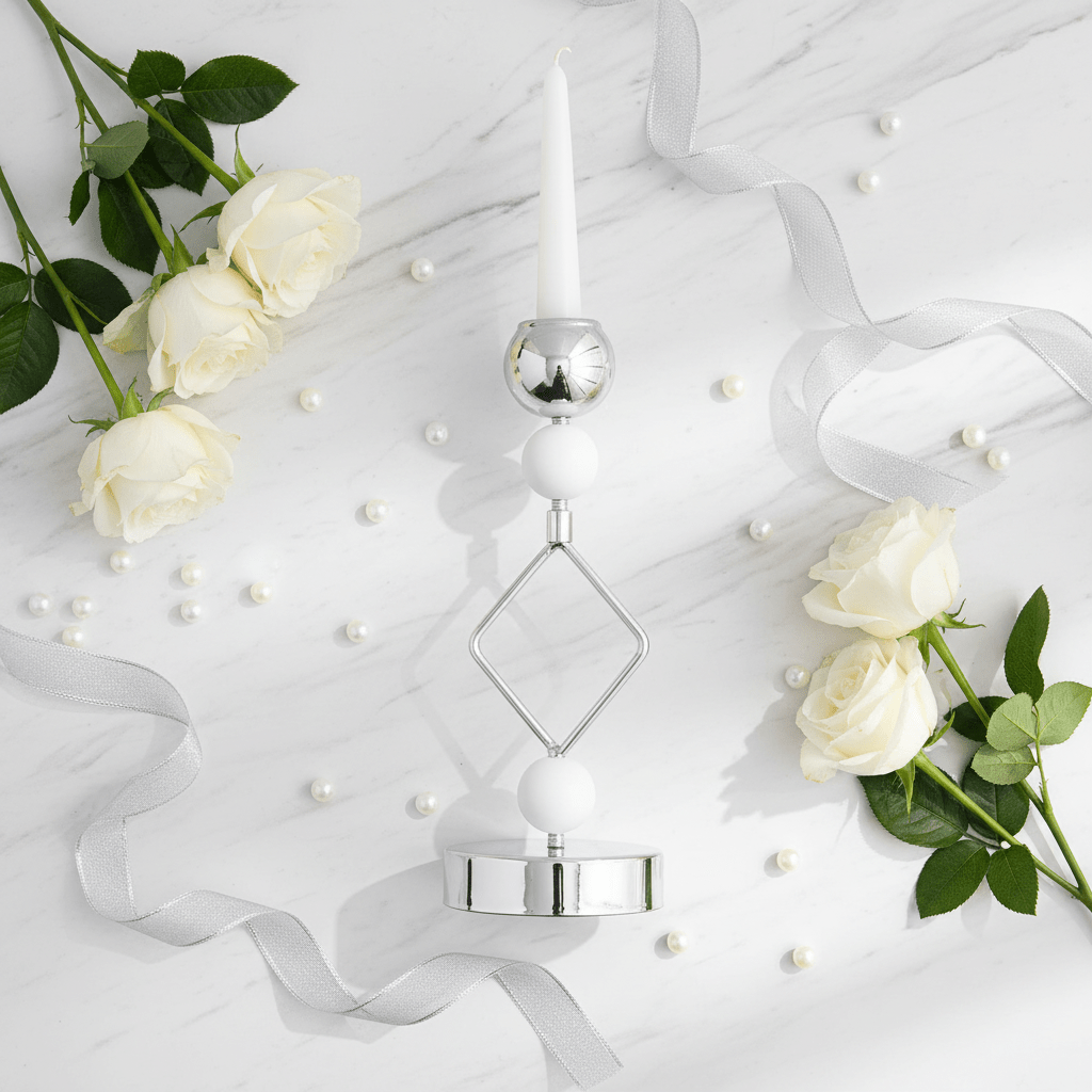 Modern Silver & White Metal Candle Holder for Elegant Home Styling – 21cm - Al Kabayel Discount CentreModern Silver & White Metal Candle Holder for Elegant Home Styling – 21cmHome Décor AccentsAKDCAl Kabayel Discount Centre