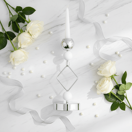Modern Silver & White Metal Candle Holder for Elegant Home Styling – 21cm - Al Kabayel Discount CentreModern Silver & White Metal Candle Holder for Elegant Home Styling – 21cmHome Décor AccentsAKDCAl Kabayel Discount Centre