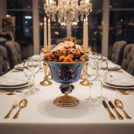 Murano Blue & Gold Decorative Metal Footed Glass Fruit Bowl with Porcelain Floral Design for Luxury Serving – 27 × 27.5 cm - Al Kabayel Discount CentreMurano Blue & Gold Decorative Metal Footed Glass Fruit Bowl with Porcelain Floral Design for Luxury Serving – 27 × 27.5 cmBowlsMURANOAl Kabayel Discount Centre