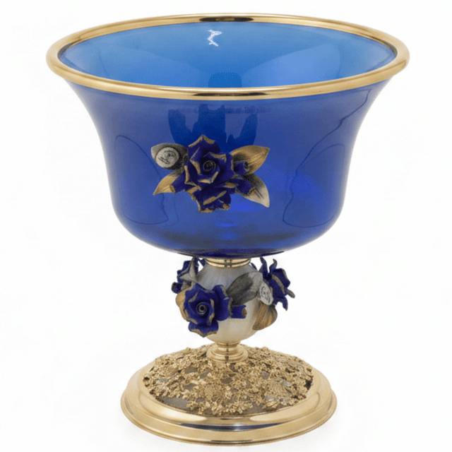 Murano Blue & Gold Decorative Metal Footed Glass Fruit Bowl with Porcelain Floral Design for Luxury Serving – 27 × 27.5 cm - Al Kabayel Discount CentreMurano Blue & Gold Decorative Metal Footed Glass Fruit Bowl with Porcelain Floral Design for Luxury Serving – 27 × 27.5 cmBowlsMURANOAl Kabayel Discount Centre