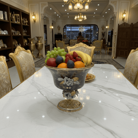Murano Large Black & Gold Metal Footed Glass Fruit Bowl with Decorative Floral Design for Centerpiece Display – 27 × 27.5 cm - Al Kabayel Discount CentreMurano Large Black & Gold Metal Footed Glass Fruit Bowl with Decorative Floral Design for Centerpiece Display – 27 × 27.5 cmBowlsMURANOAl Kabayel Discount Centre