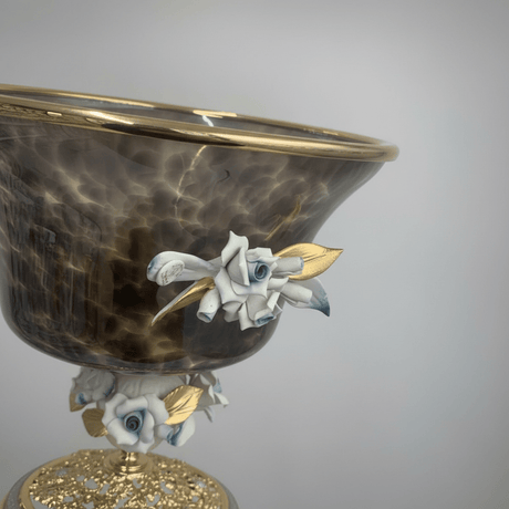 Murano Large Black & Gold Metal Footed Glass Fruit Bowl with Decorative Floral Design for Centerpiece Display – 27 × 27.5 cm - Al Kabayel Discount CentreMurano Large Black & Gold Metal Footed Glass Fruit Bowl with Decorative Floral Design for Centerpiece Display – 27 × 27.5 cmBowlsMURANOAl Kabayel Discount Centre