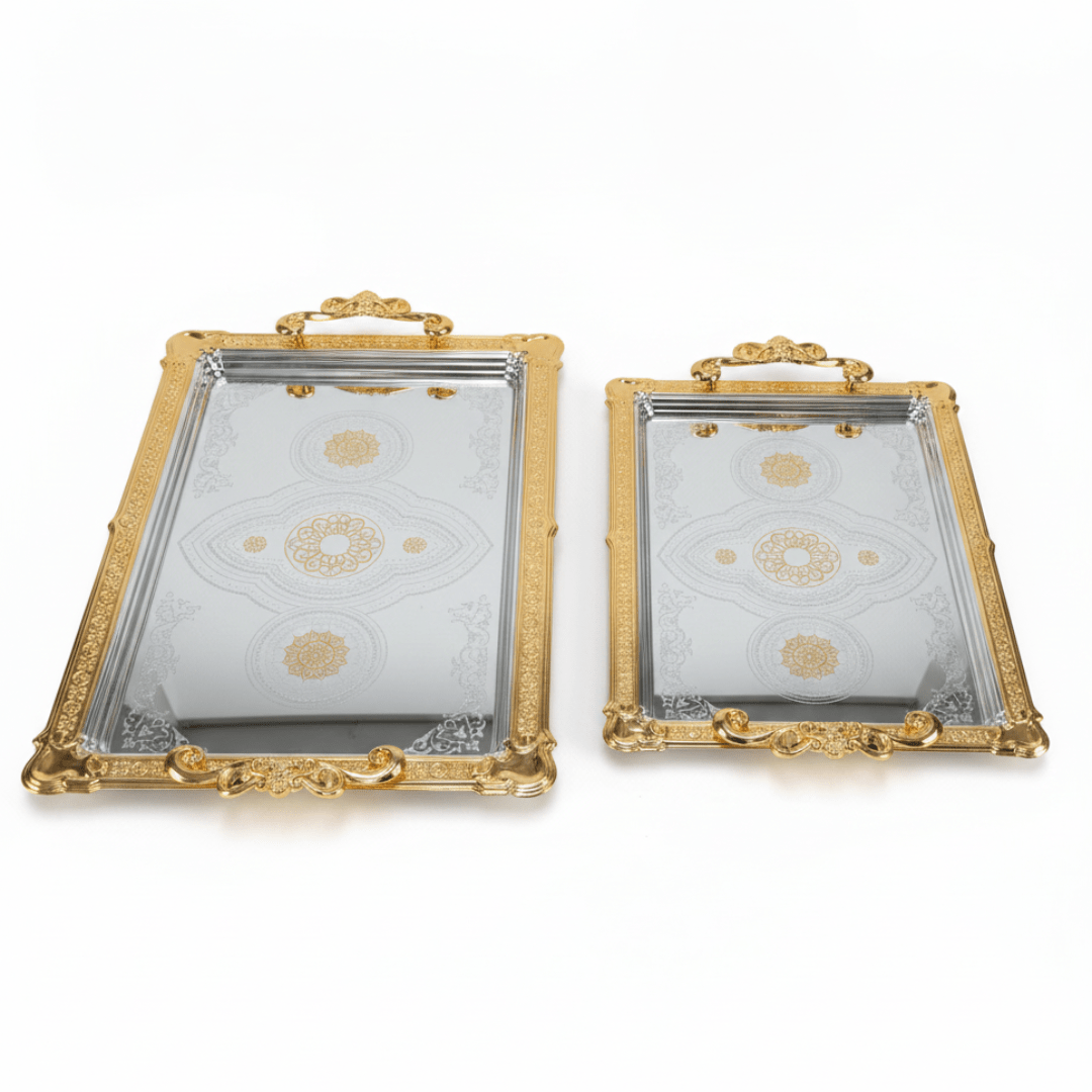 Najib 2-Piece Gold-Bordered Silver Serving Tray Set | Arabic Floral Engraving | 35×25cm & 43×28cm - Al Kabayel Discount CentreNajib 2-Piece Gold-Bordered Silver Serving Tray Set | Arabic Floral Engraving | 35×25cm & 43×28cmServing TraysNAJIBAl Kabayel Discount Centre