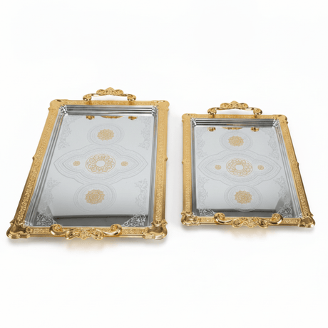 Najib 2-Piece Gold-Bordered Silver Serving Tray Set | Arabic Floral Engraving | 35×25cm & 43×28cm - Al Kabayel Discount CentreNajib 2-Piece Gold-Bordered Silver Serving Tray Set | Arabic Floral Engraving | 35×25cm & 43×28cmServing TraysNAJIBAl Kabayel Discount Centre