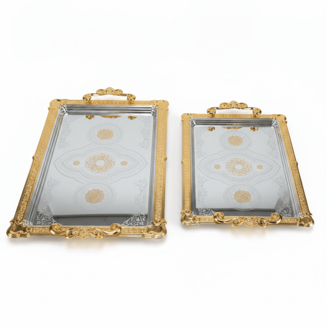 Najib 2-Piece Gold-Bordered Silver Serving Tray Set | Arabic Floral Engraving | 35×25cm & 43×28cm - Al Kabayel Discount CentreNajib 2-Piece Gold-Bordered Silver Serving Tray Set | Arabic Floral Engraving | 35×25cm & 43×28cmServing TraysNAJIBAl Kabayel Discount Centre