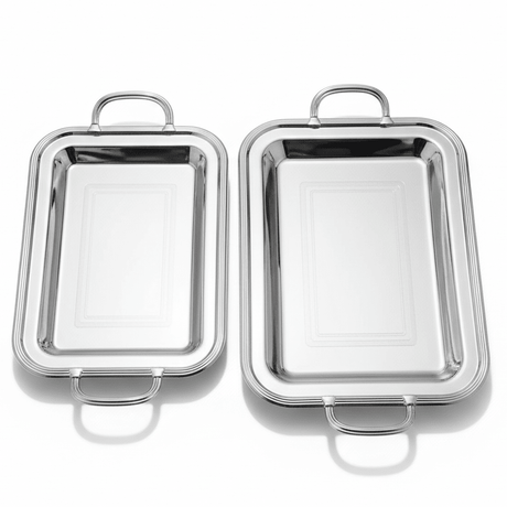 Najib 2 - Piece Rectangular Silver Stainless Steel Serving Tray Set with Golden Handles, Durable Multipurpose Serving Platters for Home Kitchen & Dining – 36 x 26 cm, 43 x 30 cm - Al Kabayel Discount CentreNajib 2 - Piece Rectangular Silver Stainless Steel Serving Tray Set with Golden Handles, Durable Multipurpose Serving Platters for Home Kitchen & Dining – 36 x 26 cm, 43 x 30 cmServing TraysNajibAl Kabayel Discount Centre