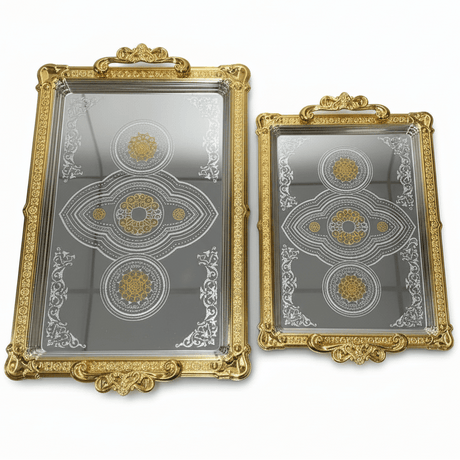 Najib 2 - Piece Rectangular Stainless Steel Serving Tray Set with Gold Border and Handles, Large & Medium Food and Beverage Serving Trays for Home, Kitchen & Catering – 35 × 25 cm & 43 × 30 cm - Al Kabayel Discount CentreNajib 2 - Piece Rectangular Stainless Steel Serving Tray Set with Gold Border and Handles, Large & Medium Food and Beverage Serving Trays for Home, Kitchen & Catering – 35 × 25 cm & 43 × 30 cmServing TraysNAJIBAl Kabayel Discount Centre