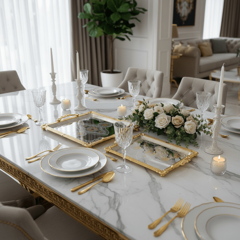 Najib 2 - Piece Rectangular Stainless Steel Serving Tray Set with Gold Border and Handles, Large & Medium Food and Beverage Serving Trays for Home, Kitchen & Catering – 35 × 25 cm & 43 × 30 cm - Al Kabayel Discount CentreNajib 2 - Piece Rectangular Stainless Steel Serving Tray Set with Gold Border and Handles, Large & Medium Food and Beverage Serving Trays for Home, Kitchen & Catering – 35 × 25 cm & 43 × 30 cmServing TraysNAJIBAl Kabayel Discount Centre