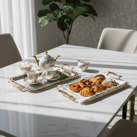 Najib 2 - Piece Silver Rectangular Stainless Steel Serving Tray Set with Stylish Golden Handles, Multipurpose Serving Platters for Food Drinks Tea & Coffee – 33 x 24 cm, 40 x 28 cm - Al Kabayel Discount CentreNajib 2 - Piece Silver Rectangular Stainless Steel Serving Tray Set with Stylish Golden Handles, Multipurpose Serving Platters for Food Drinks Tea & Coffee – 33 x 24 cm, 40 x 28 cmServing TraysNajibAl Kabayel Discount Centre