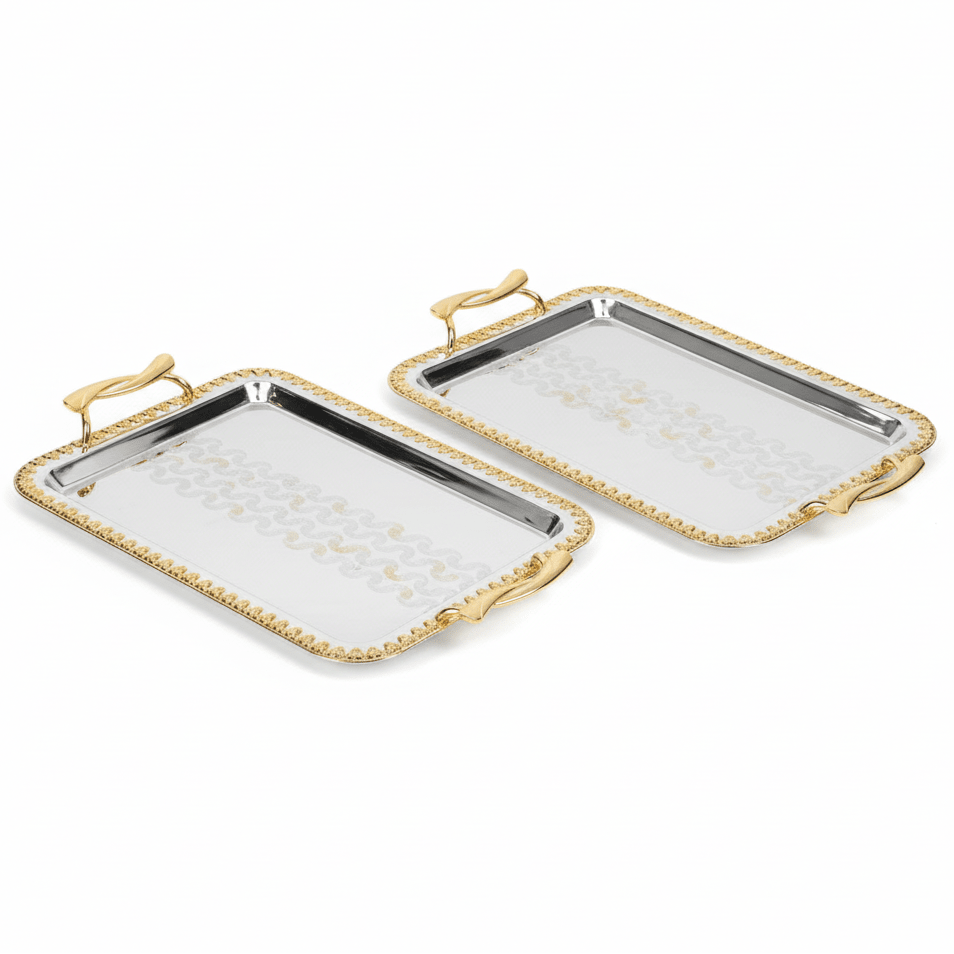 Najib 2 - Piece Silver Rectangular Stainless Steel Serving Tray Set with Stylish Golden Handles, Multipurpose Serving Platters for Food Drinks Tea & Coffee – 33 x 24 cm, 40 x 28 cm - Al Kabayel Discount CentreNajib 2 - Piece Silver Rectangular Stainless Steel Serving Tray Set with Stylish Golden Handles, Multipurpose Serving Platters for Food Drinks Tea & Coffee – 33 x 24 cm, 40 x 28 cmServing TraysNajibAl Kabayel Discount Centre
