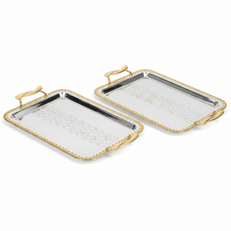 Najib 2 - Piece Silver Rectangular Stainless Steel Serving Tray Set with Stylish Golden Handles, Multipurpose Serving Platters for Food Drinks Tea & Coffee – 33 x 24 cm, 40 x 28 cm - Al Kabayel Discount CentreNajib 2 - Piece Silver Rectangular Stainless Steel Serving Tray Set with Stylish Golden Handles, Multipurpose Serving Platters for Food Drinks Tea & Coffee – 33 x 24 cm, 40 x 28 cmServing TraysNajibAl Kabayel Discount Centre