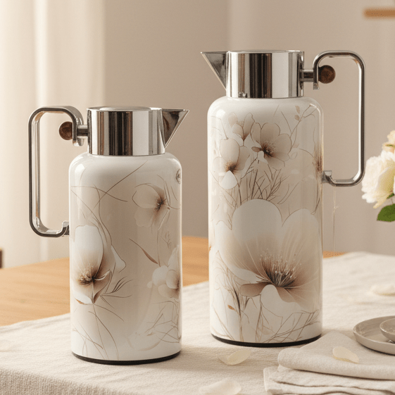 Najib Classic Floral Series 2 - Piece Vacuum Flask Set (0.8 Liter / 1 Liter) – Durable Insulated Flasks in White with Silver Trim and Subtle White Floral Pattern – Design 3 - Al Kabayel Discount CentreNajib Classic Floral Series 2 - Piece Vacuum Flask Set (0.8 Liter / 1 Liter) – Durable Insulated Flasks in White with Silver Trim and Subtle White Floral Pattern – Design 3NAJIBAl Kabayel Discount Centre