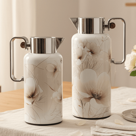 Najib Classic Floral Series 2 - Piece Vacuum Flask Set (0.8 Liter / 1 Liter) – Durable Insulated Flasks in White with Silver Trim and Subtle White Floral Pattern – Design 3 - Al Kabayel Discount CentreNajib Classic Floral Series 2 - Piece Vacuum Flask Set (0.8 Liter / 1 Liter) – Durable Insulated Flasks in White with Silver Trim and Subtle White Floral Pattern – Design 3NAJIBAl Kabayel Discount Centre