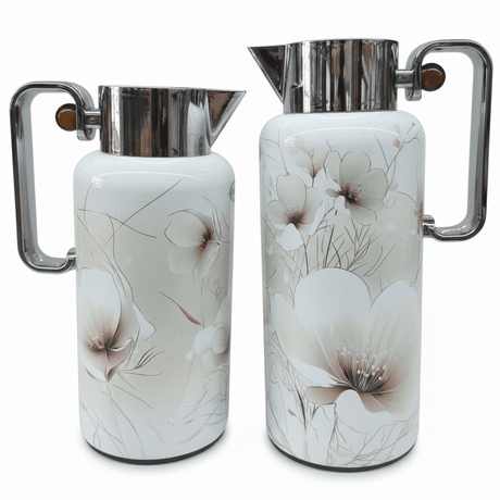 Najib Classic Floral Series 2 - Piece Vacuum Flask Set (0.8 Liter / 1 Liter) – Durable Insulated Flasks in White with Silver Trim and Subtle White Floral Pattern – Design 3 - Al Kabayel Discount CentreNajib Classic Floral Series 2 - Piece Vacuum Flask Set (0.8 Liter / 1 Liter) – Durable Insulated Flasks in White with Silver Trim and Subtle White Floral Pattern – Design 3NAJIBAl Kabayel Discount Centre