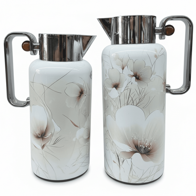 Najib Classic Floral Series 2 - Piece Vacuum Flask Set (0.8 Liter / 1 Liter) – Durable Insulated Flasks in White with Silver Trim and Subtle White Floral Pattern – Design 3 - Al Kabayel Discount CentreNajib Classic Floral Series 2 - Piece Vacuum Flask Set (0.8 Liter / 1 Liter) – Durable Insulated Flasks in White with Silver Trim and Subtle White Floral Pattern – Design 3NAJIBAl Kabayel Discount Centre