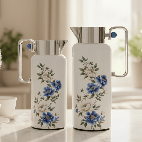 Najib Decorative Premium Vacuum Flask Set of 2 (0.8L + 1L) – Stylish White Finish with Silver Detailing and Rich Multicolor Flower Design for Home & Hospitality Use – Design 4 - Al Kabayel Discount CentreNajib Decorative Premium Vacuum Flask Set of 2 (0.8L + 1L) – Stylish White Finish with Silver Detailing and Rich Multicolor Flower Design for Home & Hospitality Use – Design 4NAJIBAl Kabayel Discount Centre
