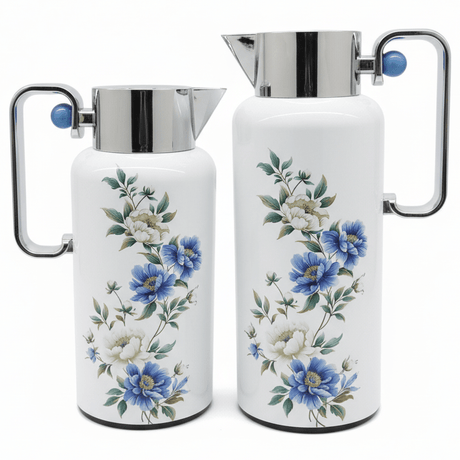 Najib Decorative Premium Vacuum Flask Set of 2 (0.8L + 1L) – Stylish White Finish with Silver Detailing and Rich Multicolor Flower Design for Home & Hospitality Use – Design 4 - Al Kabayel Discount CentreNajib Decorative Premium Vacuum Flask Set of 2 (0.8L + 1L) – Stylish White Finish with Silver Detailing and Rich Multicolor Flower Design for Home & Hospitality Use – Design 4NAJIBAl Kabayel Discount Centre