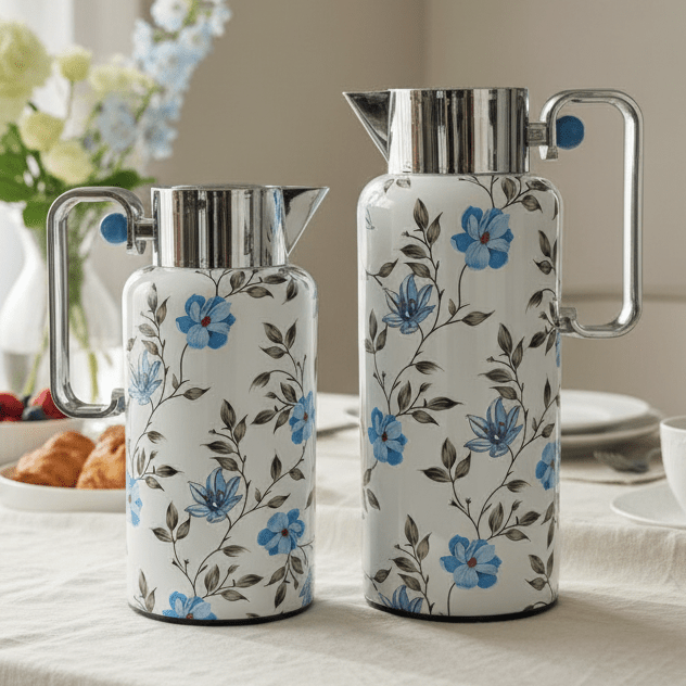Najib Elegant Blue Floral Insulated Vacuum Flask Duo (0.8L & 1L) – White and Silver Body with Sophisticated Blue Flower Pattern, Long - Lasting Temperature Retention – Design 5 - Al Kabayel Discount CentreNajib Elegant Blue Floral Insulated Vacuum Flask Duo (0.8L & 1L) – White and Silver Body with Sophisticated Blue Flower Pattern, Long - Lasting Temperature Retention – Design 5NAJIBAl Kabayel Discount Centre