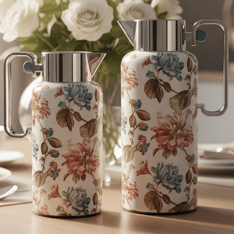 Najib Premium 2 - Piece Insulated Vacuum Flask Set (0.8 Liter + 1 Liter) – Elegant White Body with Silver Finish and Multicolor Floral Decorative Design, Ideal for Hot & Cold Beverages – Design 1 - Al Kabayel Discount CentreNajib Premium 2 - Piece Insulated Vacuum Flask Set (0.8 Liter + 1 Liter) – Elegant White Body with Silver Finish and Multicolor Floral Decorative Design, Ideal for Hot & Cold Beverages – Design 1NAJIBAl Kabayel Discount Centre