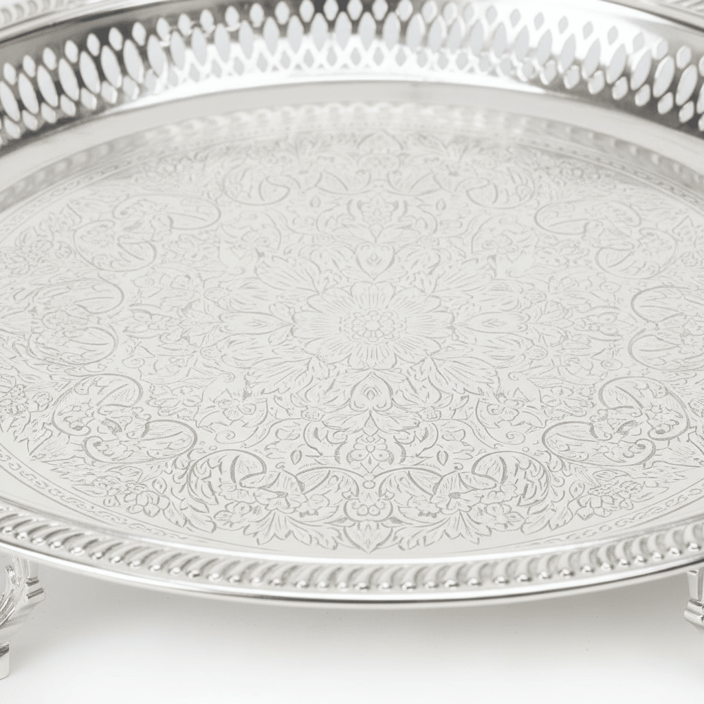 Najib Silver Footed Round Serving Tray – 35cm - Al Kabayel Discount CentreNajib Silver Footed Round Serving Tray – 35cmServing TraysNAJIBAl Kabayel Discount Centre