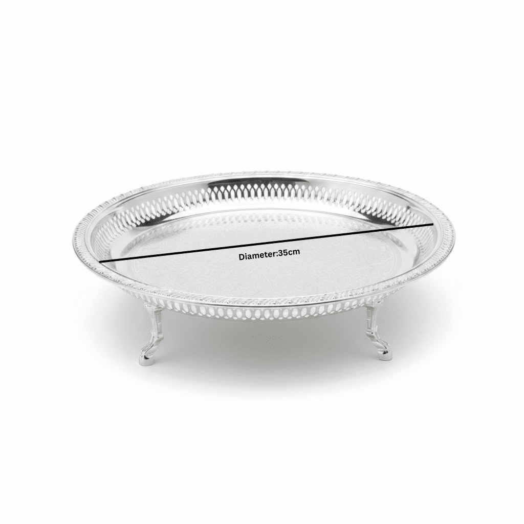 Najib Silver Footed Round Serving Tray – 35cm - Al Kabayel Discount CentreNajib Silver Footed Round Serving Tray – 35cmServing TraysNAJIBAl Kabayel Discount Centre