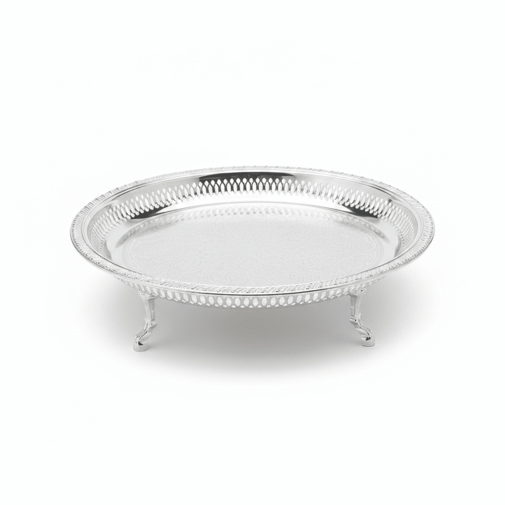 Najib Silver Footed Round Serving Tray – 35cm - Al Kabayel Discount CentreNajib Silver Footed Round Serving Tray – 35cmServing TraysNAJIBAl Kabayel Discount Centre