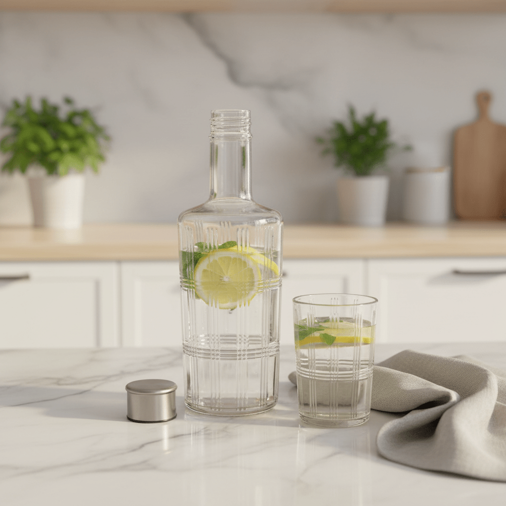 Nautilus Crystal - Cut Glass Water Bottle with Stainless Steel Cap — Vertical Rib & Grid Panel Design, 1 Litre - Al Kabayel Discount CentreNautilus Crystal - Cut Glass Water Bottle with Stainless Steel Cap — Vertical Rib & Grid Panel Design, 1 LitreJugsNAUTILUSAl Kabayel Discount Centre