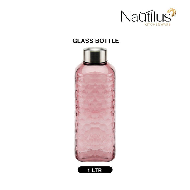 Nautilus Glass Bottle 1000ml Glass, Honeycomp Design , Non - Toxic and Food - Safe Material, Dishwasher Safe ,With metal lid - Transparent Pink - Al Kabayel Discount CentreNautilus Glass Bottle 1000ml Glass, Honeycomp Design , Non - Toxic and Food - Safe Material, Dishwasher Safe ,With metal lid - Transparent PinkKitchen Utensils & GadgetsNAUTILUSAl Kabayel Discount Centre