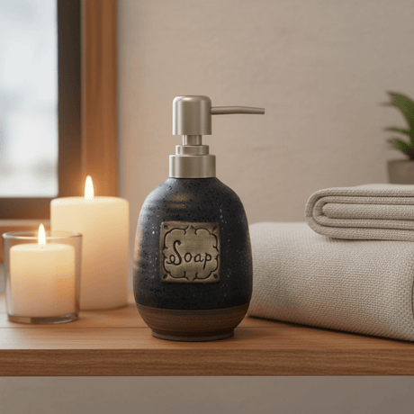 Navy Blue Speckled Glaze Ceramic & Plastic Liquid Soap Dispenser - 400ml - Al Kabayel Discount CentreNavy Blue Speckled Glaze Ceramic & Plastic Liquid Soap Dispenser - 400mlHolders & DispensersAKDCAl Kabayel Discount Centre