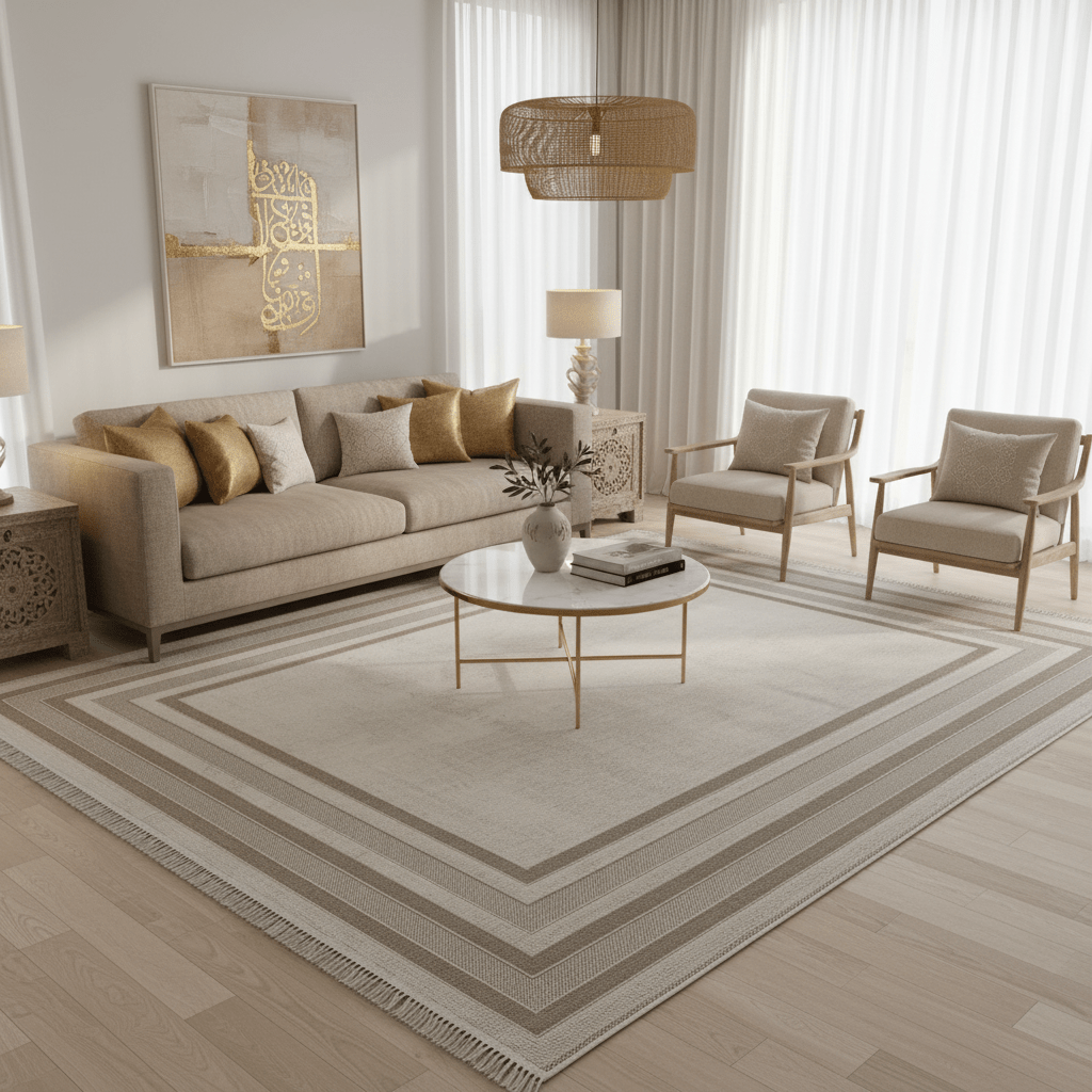 New Jallaksy Polypropylene Ivory & Light Beige Area Carpet | Geometric Border Design | 300×400 cm | Made in Turkey | Living Room, Majlis & Dining Rug - Al Kabayel Discount CentreNew Jallaksy Polypropylene Ivory & Light Beige Area Carpet | Geometric Border Design | 300×400 cm | Made in Turkey | Living Room, Majlis & Dining RugDoormatsNEW JALLAKSYAl Kabayel Discount Centre