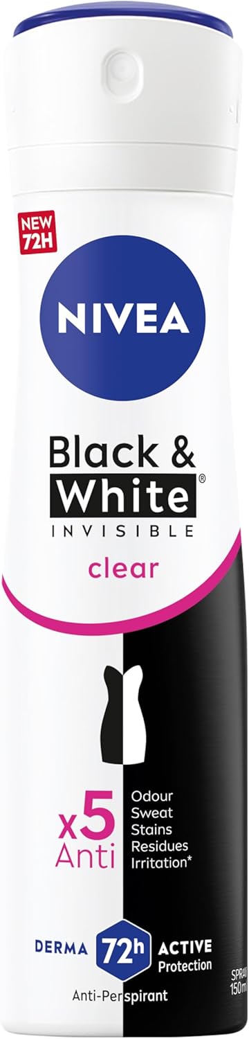 Nivea Black & White Invisible Antiperspirant Deodorant Spray for Women, Clear, 72H Active Protection, 5IN1, Anti - Odour, Sweat, Stains, Residues & Irritation - 150ML - Al Kabayel Discount CentreNivea Black & White Invisible Antiperspirant Deodorant Spray for Women, Clear, 72H Active Protection, 5IN1, Anti - Odour, Sweat, Stains, Residues & Irritation - 150MLBody Mists & SpraysNIVEAAl Kabayel Discount Centre