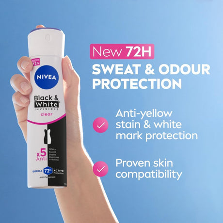 Nivea Black & White Invisible Antiperspirant Deodorant Spray for Women, Clear, 72H Active Protection, 5IN1, Anti - Odour, Sweat, Stains, Residues & Irritation - 150ML - Al Kabayel Discount CentreNivea Black & White Invisible Antiperspirant Deodorant Spray for Women, Clear, 72H Active Protection, 5IN1, Anti - Odour, Sweat, Stains, Residues & Irritation - 150MLBody Mists & SpraysNIVEAAl Kabayel Discount Centre