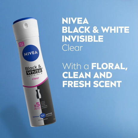 Nivea Black & White Invisible Antiperspirant Deodorant Spray for Women, Clear, 72H Active Protection, 5IN1, Anti - Odour, Sweat, Stains, Residues & Irritation - 150ML - Al Kabayel Discount CentreNivea Black & White Invisible Antiperspirant Deodorant Spray for Women, Clear, 72H Active Protection, 5IN1, Anti - Odour, Sweat, Stains, Residues & Irritation - 150MLBody Mists & SpraysNIVEAAl Kabayel Discount Centre