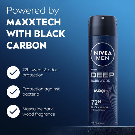 Nivea Men Antiperspirant Spray for Men, 48h Protection, DEEP Black Carbon Antibacterial, Woody Scent - 150ML - Al Kabayel Discount CentreNivea Men Antiperspirant Spray for Men, 48h Protection, DEEP Black Carbon Antibacterial, Woody Scent - 150MLBody Mists & SpraysNIVEAAl Kabayel Discount Centre