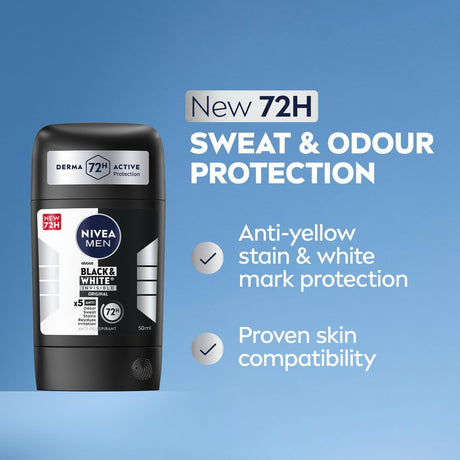 Nivea Men Black & White Invisible Antiperspirant Deodorant Stick, Original, 72H Active Protection, 5IN1, Anti - Odour, Sweat, Stains, Residues & Irritation - 50ML - Al Kabayel Discount CentreNivea Men Black & White Invisible Antiperspirant Deodorant Stick, Original, 72H Active Protection, 5IN1, Anti - Odour, Sweat, Stains, Residues & Irritation - 50MLDeodorants & AntiperspirantsNIVEAAl Kabayel Discount Centre