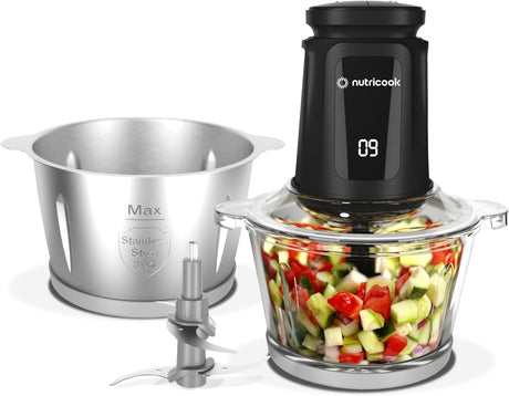 Nutricook 2+2 L XXL Glass & SS Chopper and Mincer,500W - Pulse & 2 speeds, 2 - Removable 4 SS - Blade for Chopping, Ice Crushing, Meat Mincing, Grinding, Pureeing & more - BLk - Al Kabayel Discount CentreNutricook 2+2 L XXL Glass & SS Chopper and Mincer,500W - Pulse & 2 speeds, 2 - Removable 4 SS - Blade for Chopping, Ice Crushing, Meat Mincing, Grinding, Pureeing & more - BLkBlenders, Mixers & Food ProcessorsNUTRICOOKAl Kabayel Discount Centre